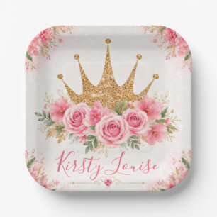 Watercolor Pink Flowers and Gold Tiara Paper Plates