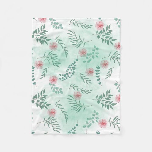 Watercolor pink flowers and green branches botanic fleece blanket