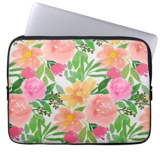 Watercolor pink flowers and green leaves