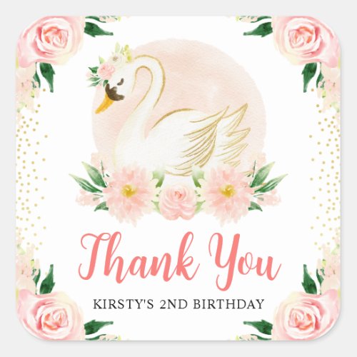 Watercolor Pink Flowers and Swan Birthday Square Sticker