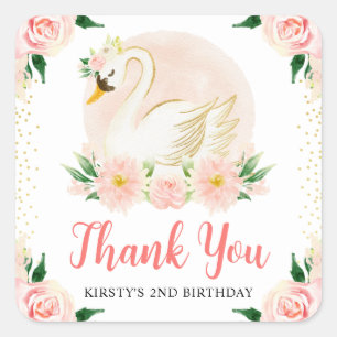 Watercolor Pink Flowers and Swan Birthday Square Sticker