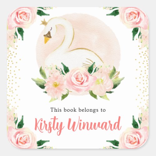 Watercolor Pink Flowers and Swan Bookplate