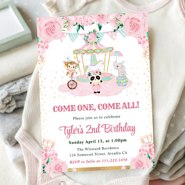 Watercolor Pink Flowers Animals Birthday Party Invitation (Creator Uploaded)