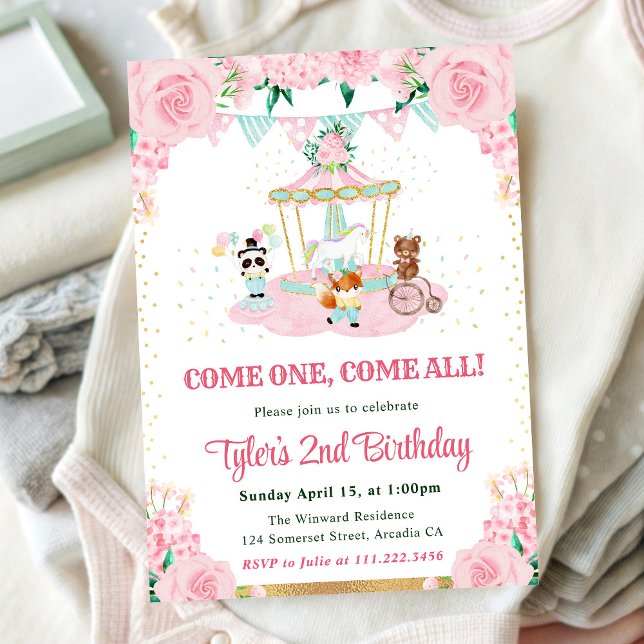 Watercolor Pink Flowers Animals Birthday Party Invitation (Creator Uploaded)