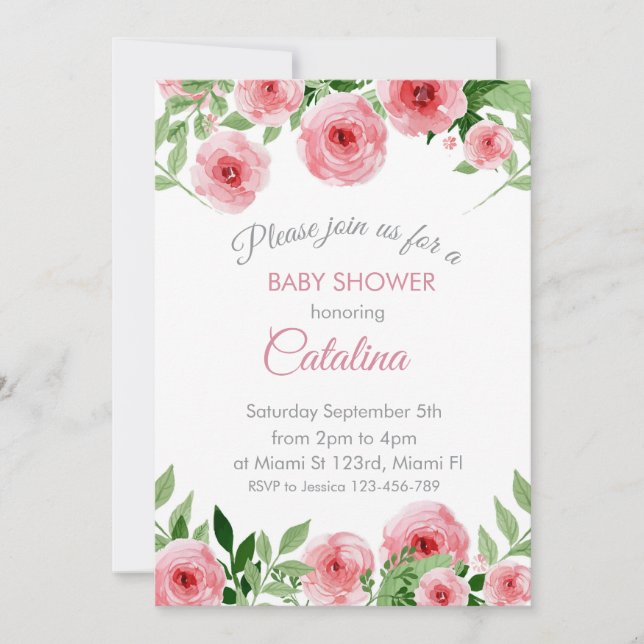 Watercolor Pink Flowers Baby Shower Invitation (Front)