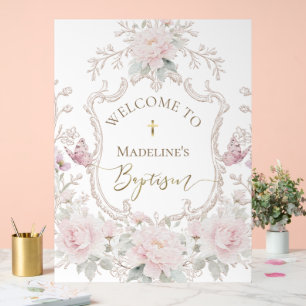 watercolor pink flowers Baptism welcome Acrylic Sign