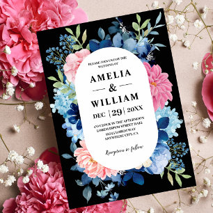 Watercolor pink flowers black and white Wedding Invitation