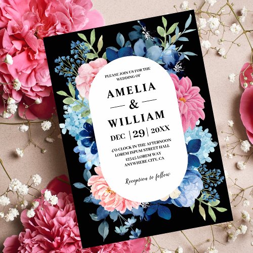 Watercolor pink flowers black and white Wedding  Invitation