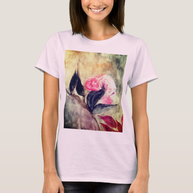 Watercolor Pink Flowers Black Leaves Abstract T-Shirt (Front)