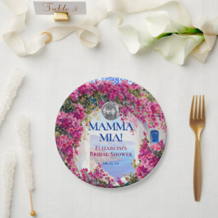 Watercolor Pink Flowers Blue Tiles Disco Ball Paper Plates