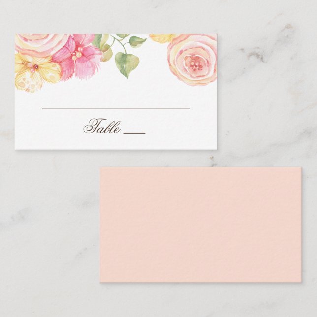 Watercolor pink flowers. Blush floral wedding Place Card (Front/Back)