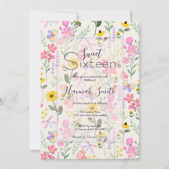 Watercolor Pink Flowers Butterflies Garden Invitation (Front)