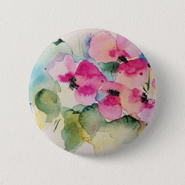 Watercolor Pink Flowers Button (Front)