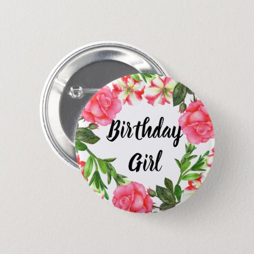 Watercolor Pink Flowers Circle Birthday Girl Button