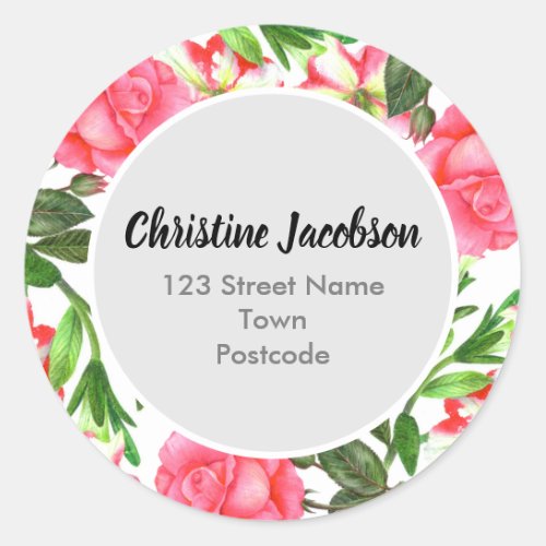 Watercolor Pink Flowers Circle Wreath Address Classic Round Sticker