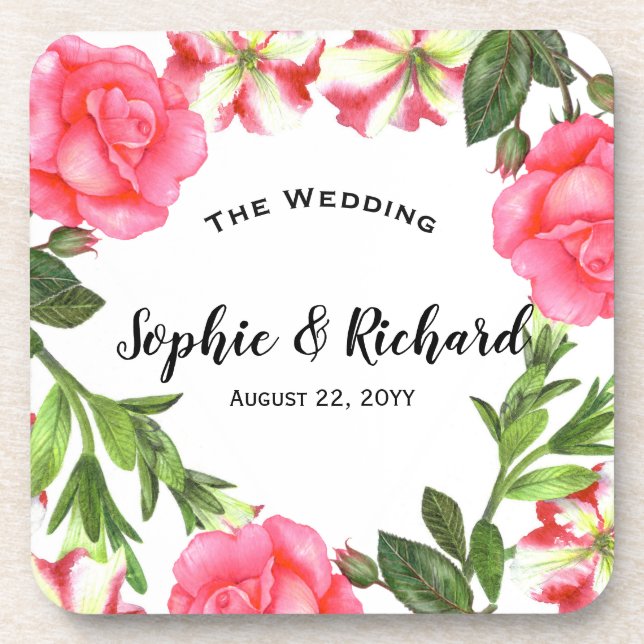 Watercolor Pink Flowers Circle Wreath Beverage Coaster (Front)