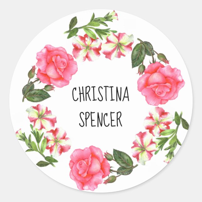 Watercolor Pink Flowers Circle Wreath Classic Round Sticker (Front)
