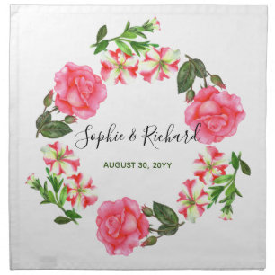 Watercolor Pink Flowers Circle Wreath Cloth Napkin