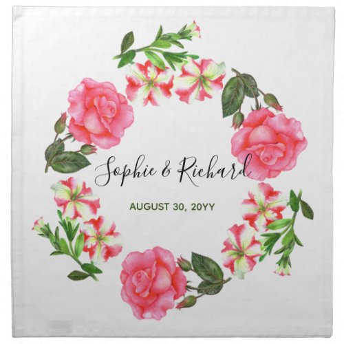 Watercolor Pink Flowers Circle Wreath Cloth Napkin