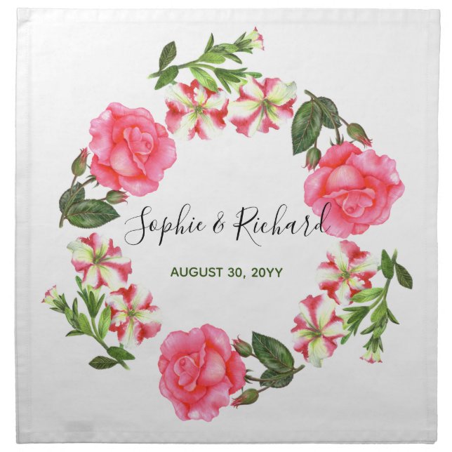 Watercolor Pink Flowers Circle Wreath Cloth Napkin (Front)