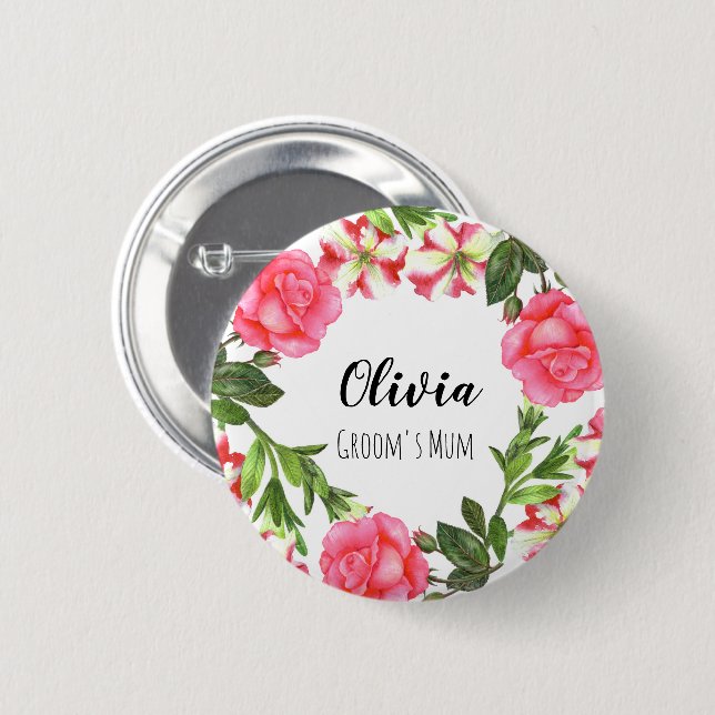 Watercolor Pink Flowers Circle Wreath Design Button (Front & Back)