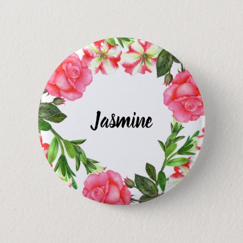 Watercolor Pink Flowers Circle Wreath Design Button