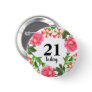 Watercolor Pink Flowers Circle Wreath Design Button