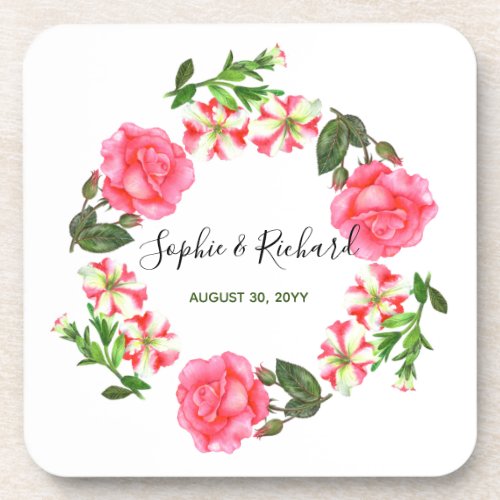 Watercolor Pink Flowers Circle Wreath Design Coaster