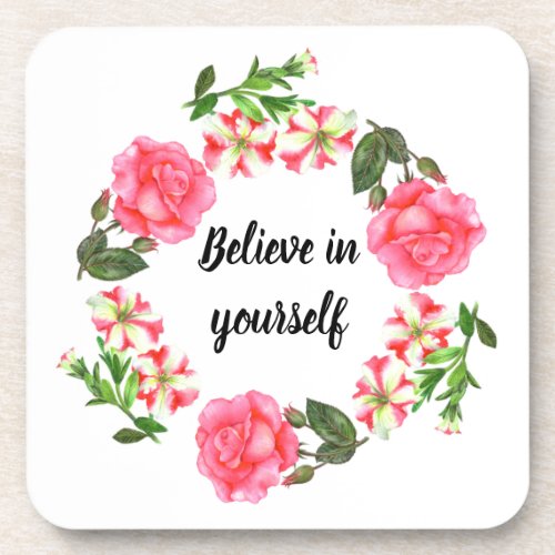 Watercolor Pink Flowers Circle Wreath Design Coaster