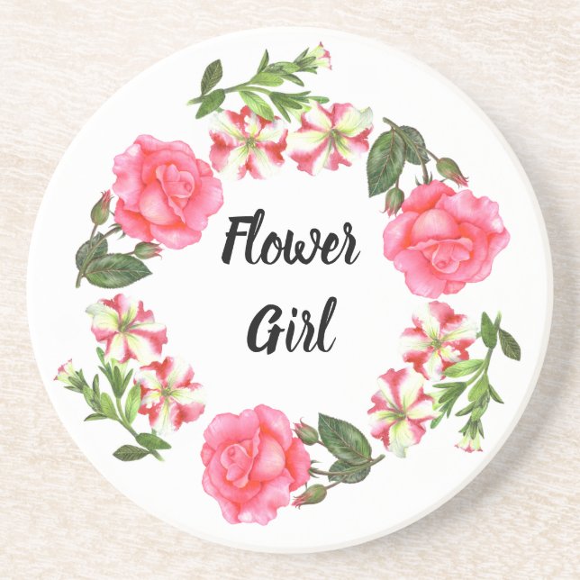Watercolor Pink Flowers Circle Wreath Design Drink Coaster (Front)