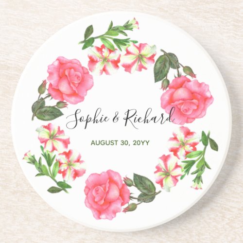Watercolor Pink Flowers Circle Wreath Design Drink Coaster