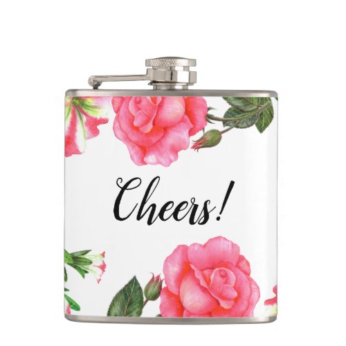 Watercolor Pink Flowers Circle Wreath Design Flask