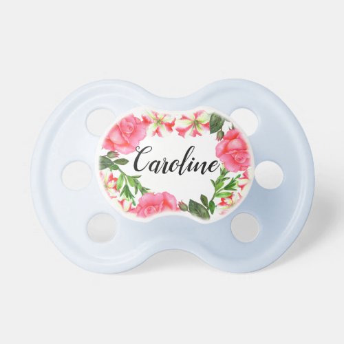 Watercolor Pink Flowers Circle Wreath Design Pacifier