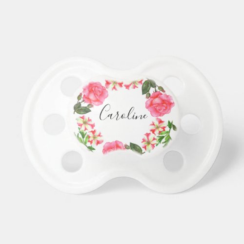 Watercolor Pink Flowers Circle Wreath Design Pacifier