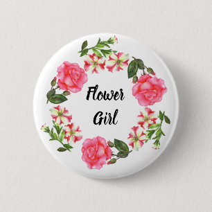 Watercolor Pink Flowers Circle Wreath Design Pinback Button