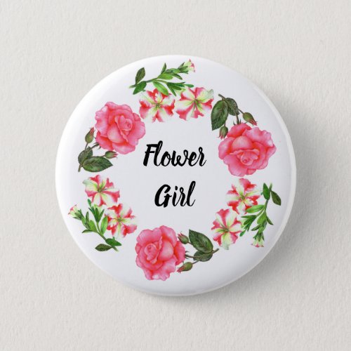 Watercolor Pink Flowers Circle Wreath Design Pinback Button