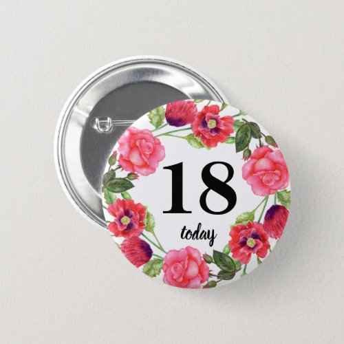 Watercolor Pink Flowers Circle Wreath Design Pinback Button
