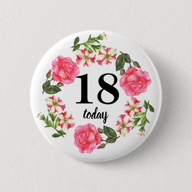 Watercolor Pink Flowers Circle Wreath Design Pinback Button (Front)