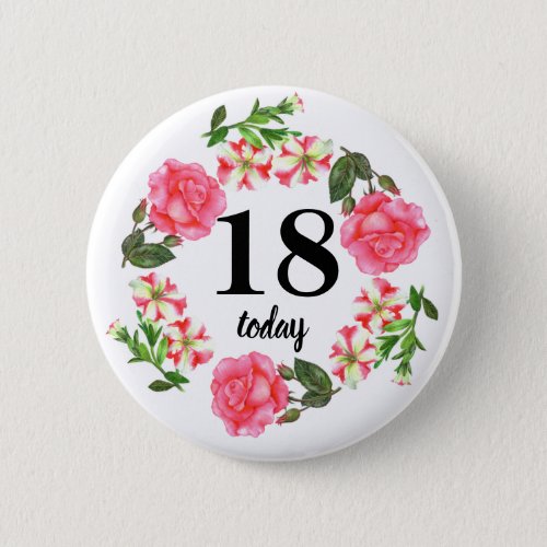 Watercolor Pink Flowers Circle Wreath Design Pinback Button