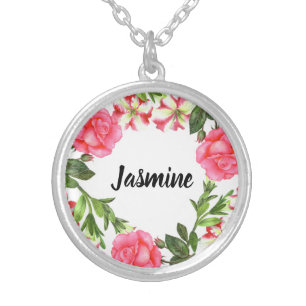 Watercolor Pink Flowers Circle Wreath Design Silver Plated Necklace