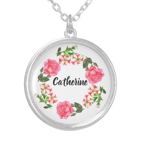Watercolor Pink Flowers Circle Wreath Design Silver Plated Necklace