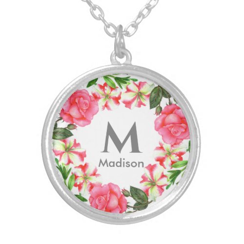 Watercolor Pink Flowers Circle Wreath Design Silver Plated Necklace