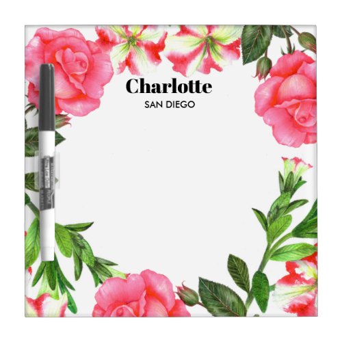 Watercolor Pink Flowers Circle Wreath Dry Erase Board
