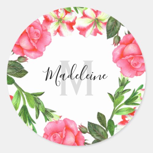 Watercolor Pink Flowers Circle Wreath Monogram Classic Round Sticker