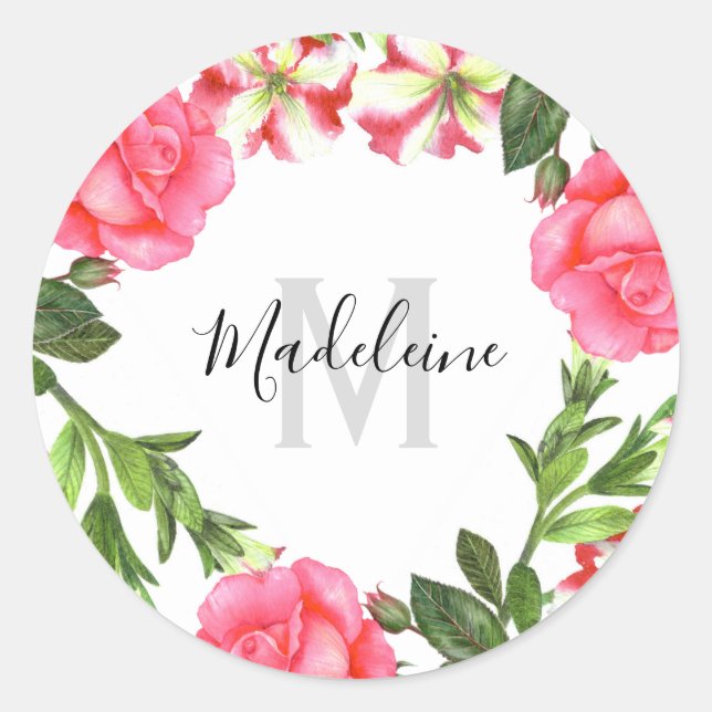 Watercolor Pink Flowers Circle Wreath Monogram Classic Round Sticker (Front)