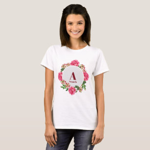 Watercolor Pink Flowers Circle Wreath Monogram T-Shirt