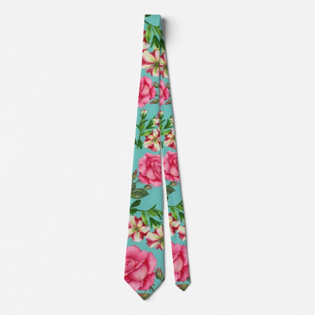 Watercolor Pink Flowers Circle Wreath Neck Tie (Front)