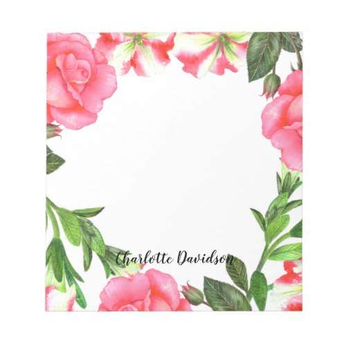 Watercolor Pink Flowers Circle Wreath Notepad