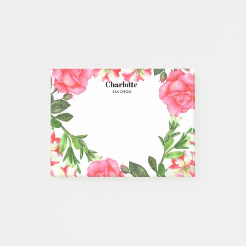 Watercolor Pink Flowers Circle Wreath Post_it Notes