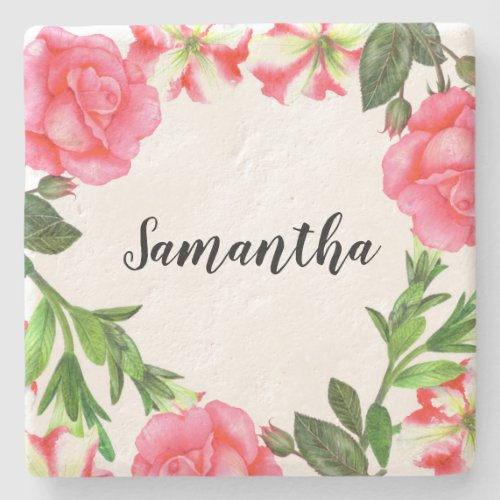 Watercolor Pink Flowers Circle Wreath Stone Coaster